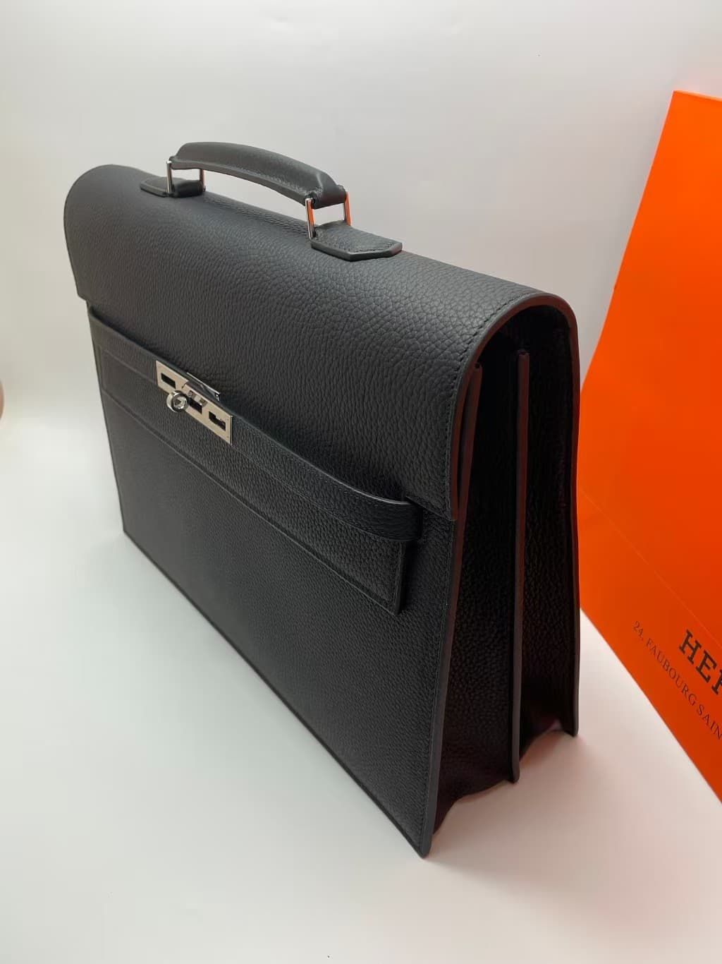 Hermes Kelly Depeche 38 Briefcase In Black Calfskin WAX High