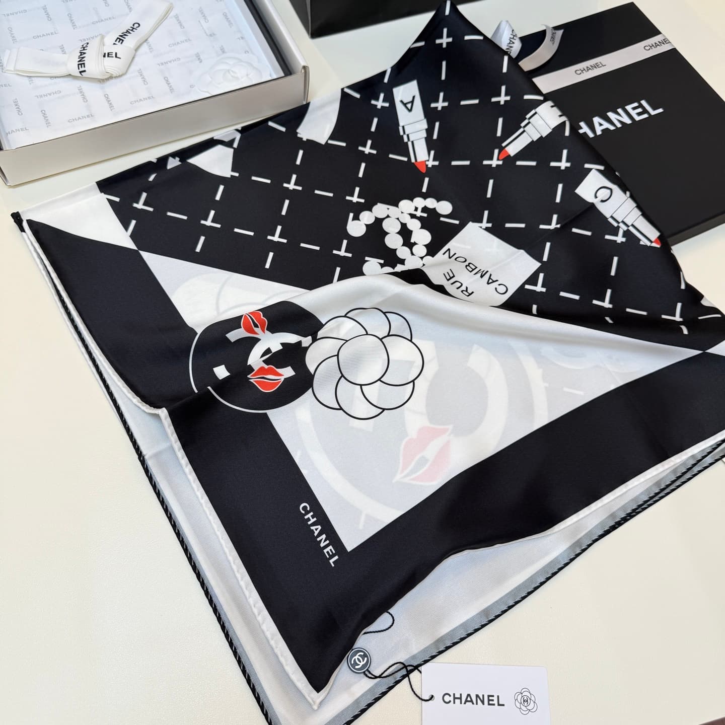 Chanel Silk CC Logo Camellia Scarf