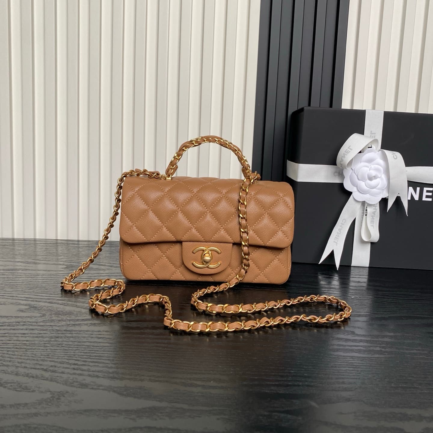 Chanel Mini Flap Bag with Top Handle Grained Shiny Calfskin &  Gold-Tone Metal Brown AS5702 A