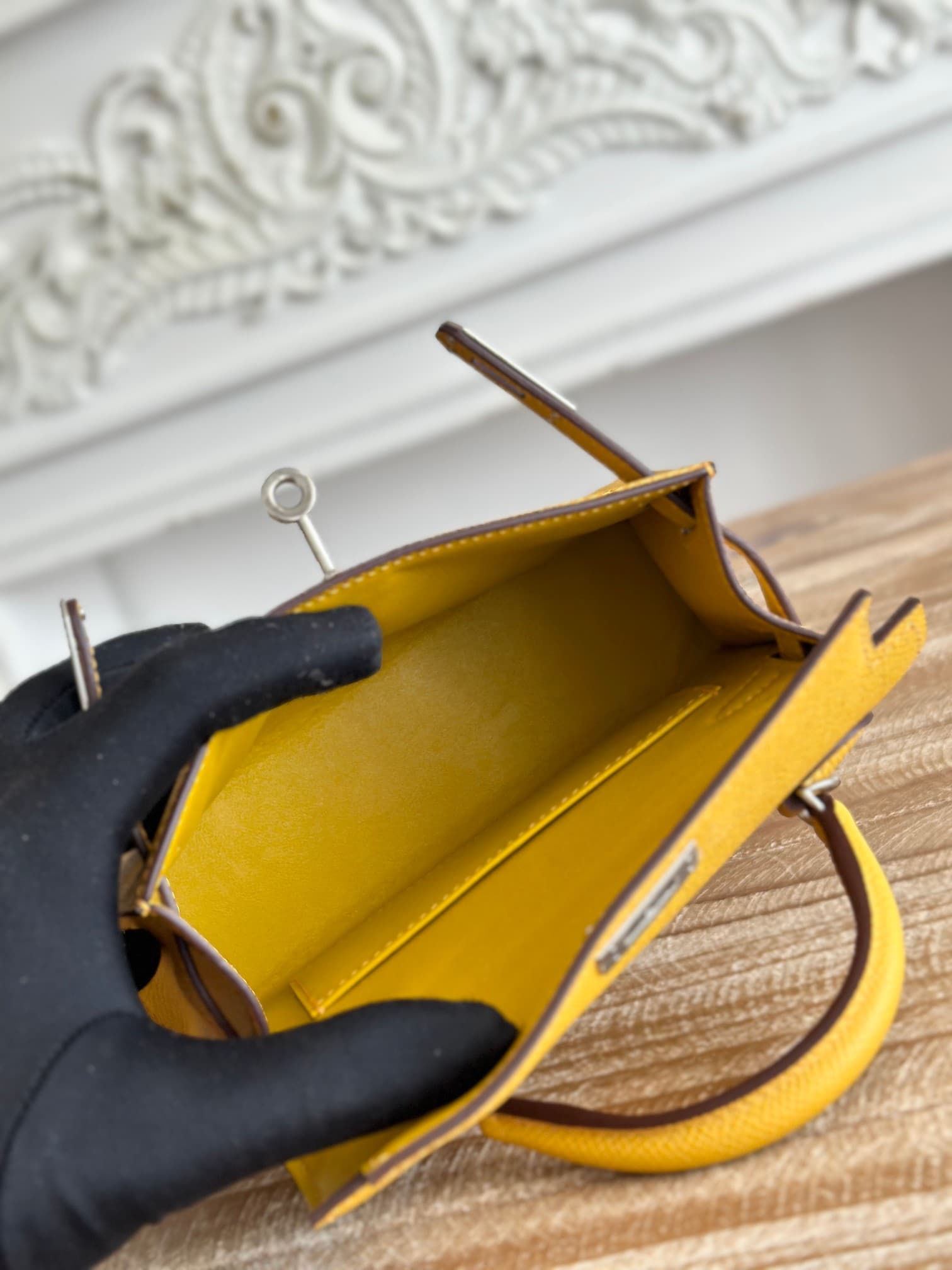 Hermes Kelly Mini II Bag Epsom Leather WAX Silver/Gold Metal Jaune Ambre High