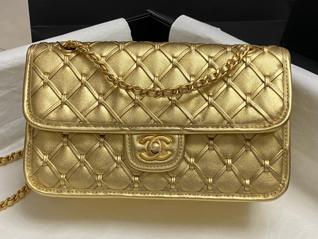 Chanel Small Flap Bag Metallized Braided Calfskin & Gold-Tone Metal  Gold AS4797 High