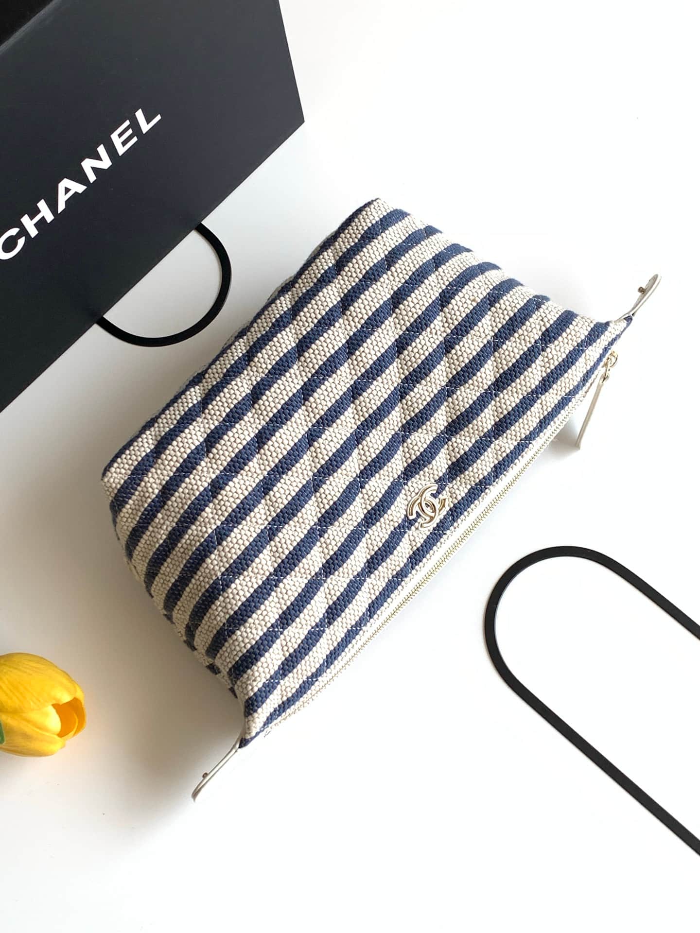 CHANEL Stripe Cosmetic Pouch Bag Printed fabric & Gold-Tone Metal Beige & Light Blue AP4990 A