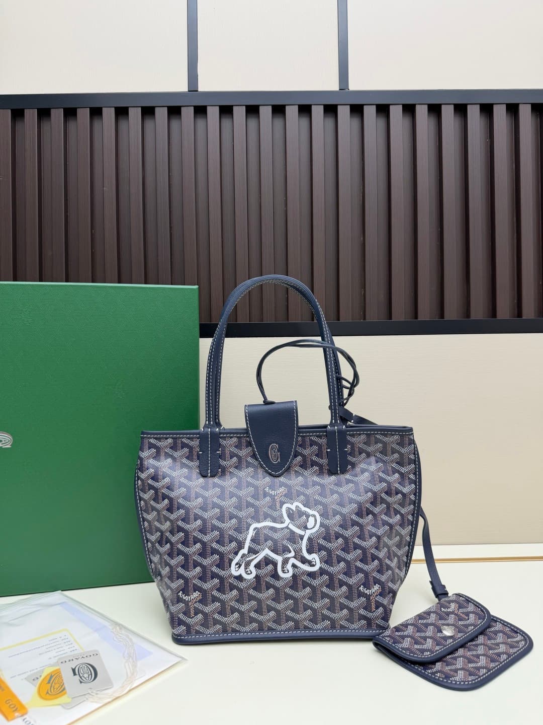 Goyard Mini Anjou Tote Goyardine Canvas with White Painted Mascot Navy Blue High