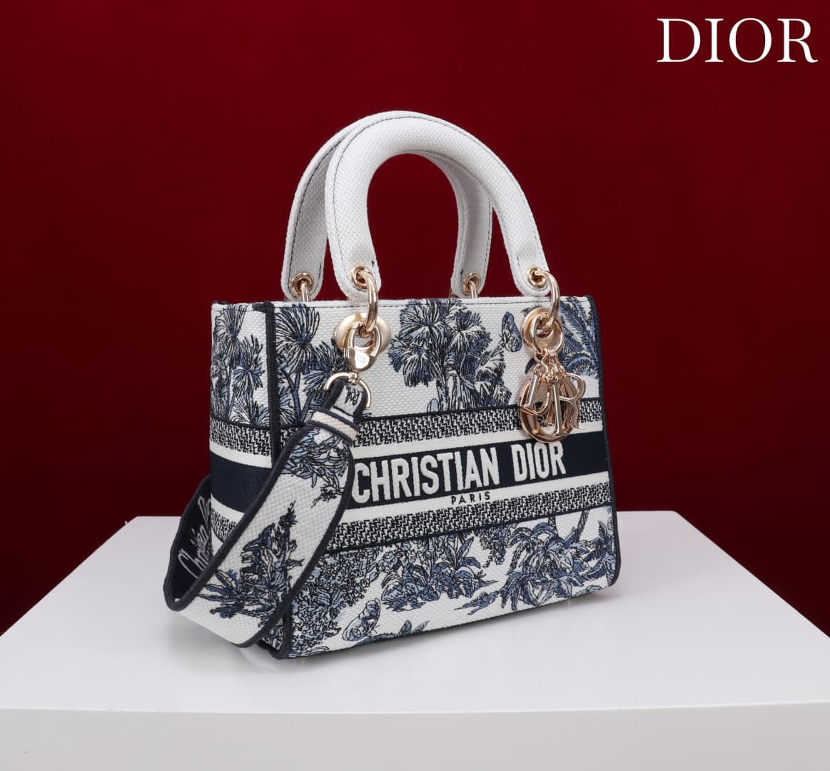 Medium Lady D-Lite Bag White and Navy Toile de Jouy Palms Embroidery High