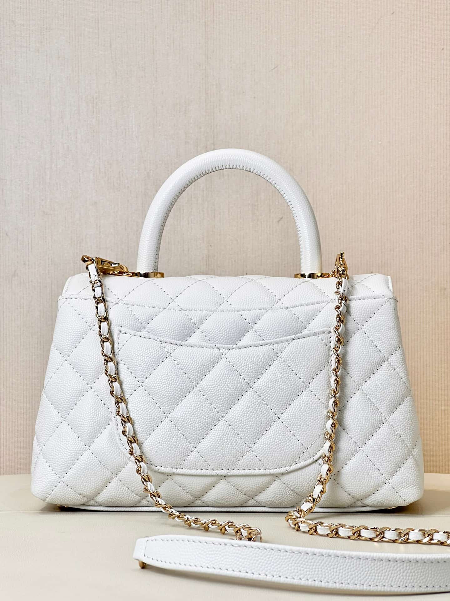 FLAP BAG WITH TOP HANDLE Grained Calfskin & Gold-Tone Metal A92990 White  TOP