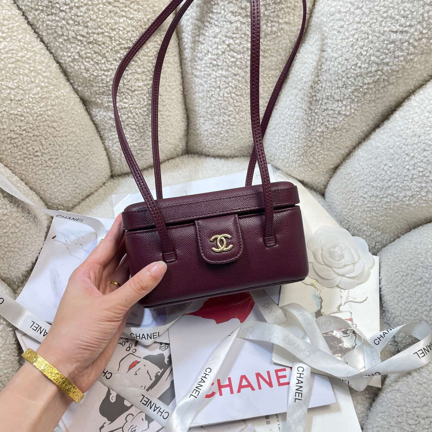 Chanel Long Vanity with Leather Strap Grained Shiny Calfskin & Gold-Tone Metal Dark Claret AP5067 A