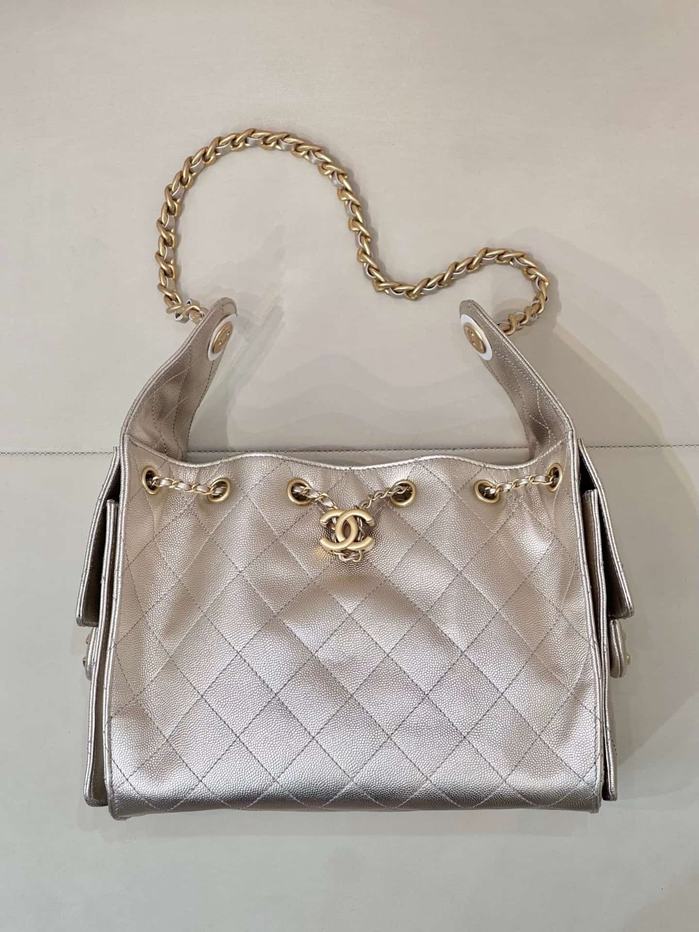 Chanel 25 Small Hobo handbag AS5293 Grained Calfskin & Gold-tone Metal Silver TOP