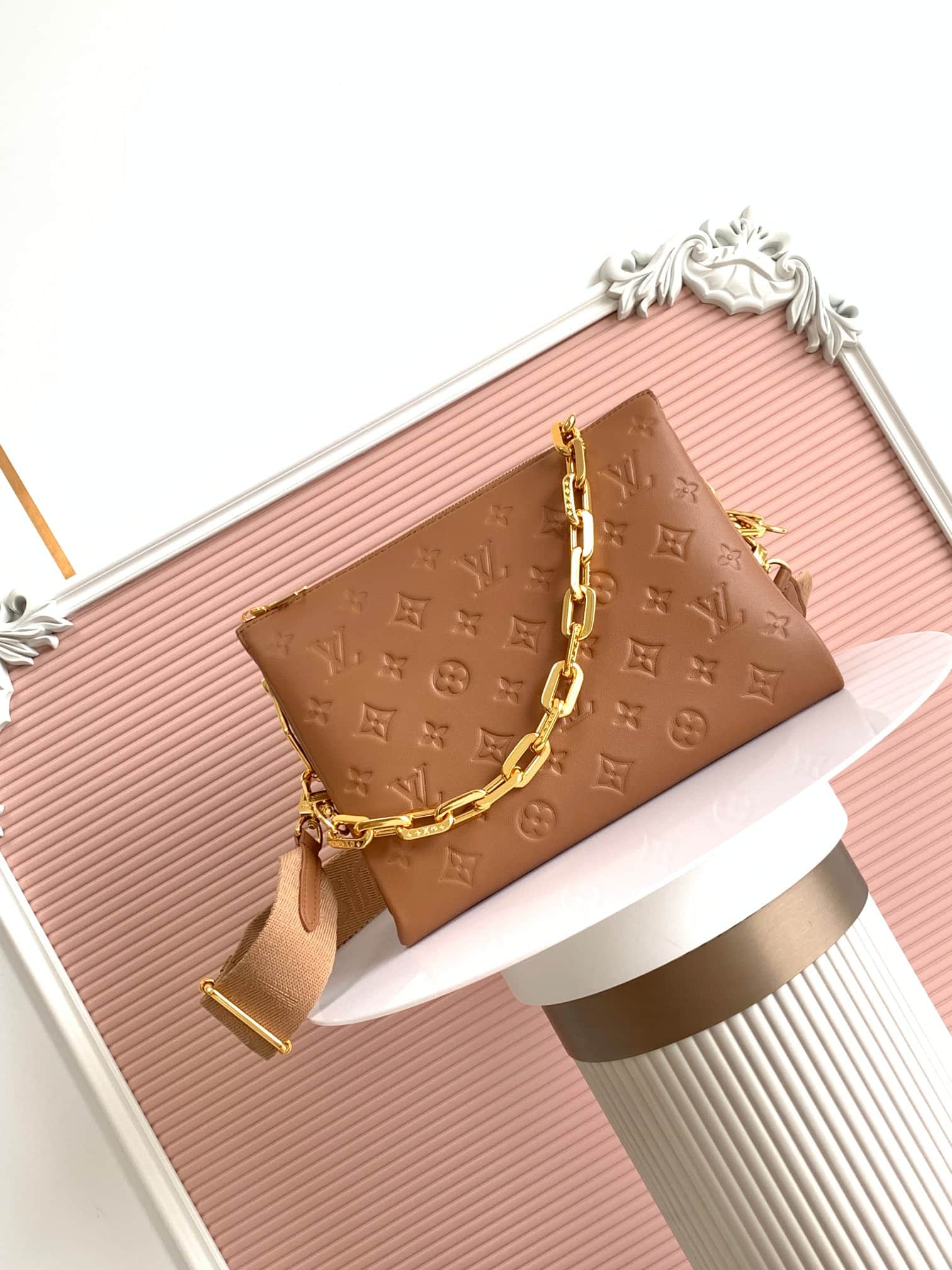 Louis Vuitton Coussin PM Camel Monogram-embossed puffy lambskin M21261 High