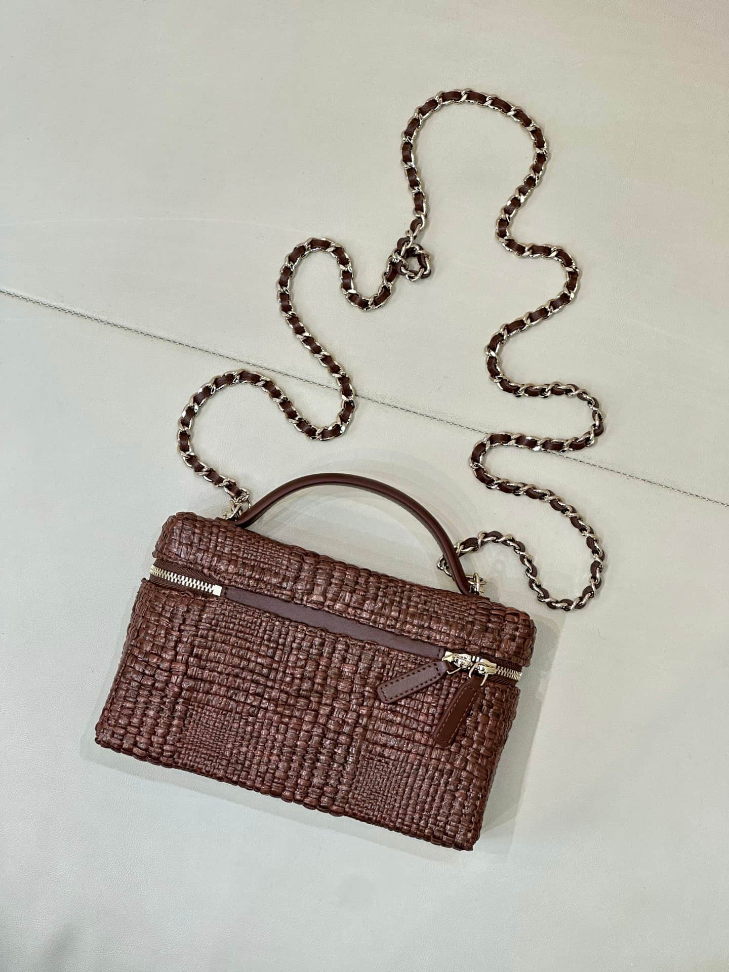 Chanel Classic Vanity with Chain Braided Raffia & Gold-Tone Metal Brown AP4385 TOP