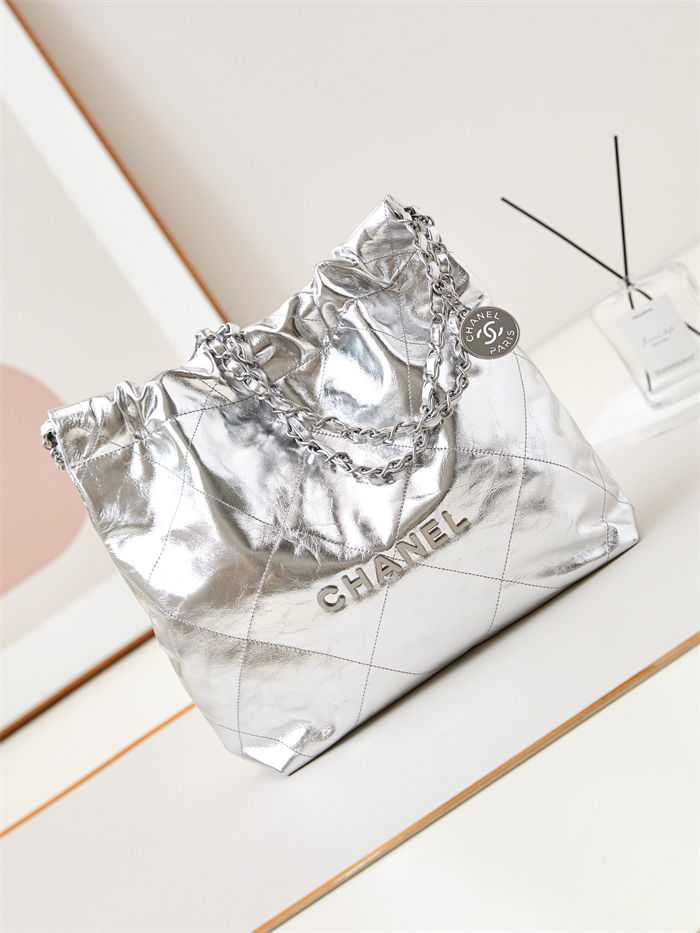 Chanel 22 SMALL HANDBAG Metallic Calfskin & Silver-Tone Metal AS3260 Silver A