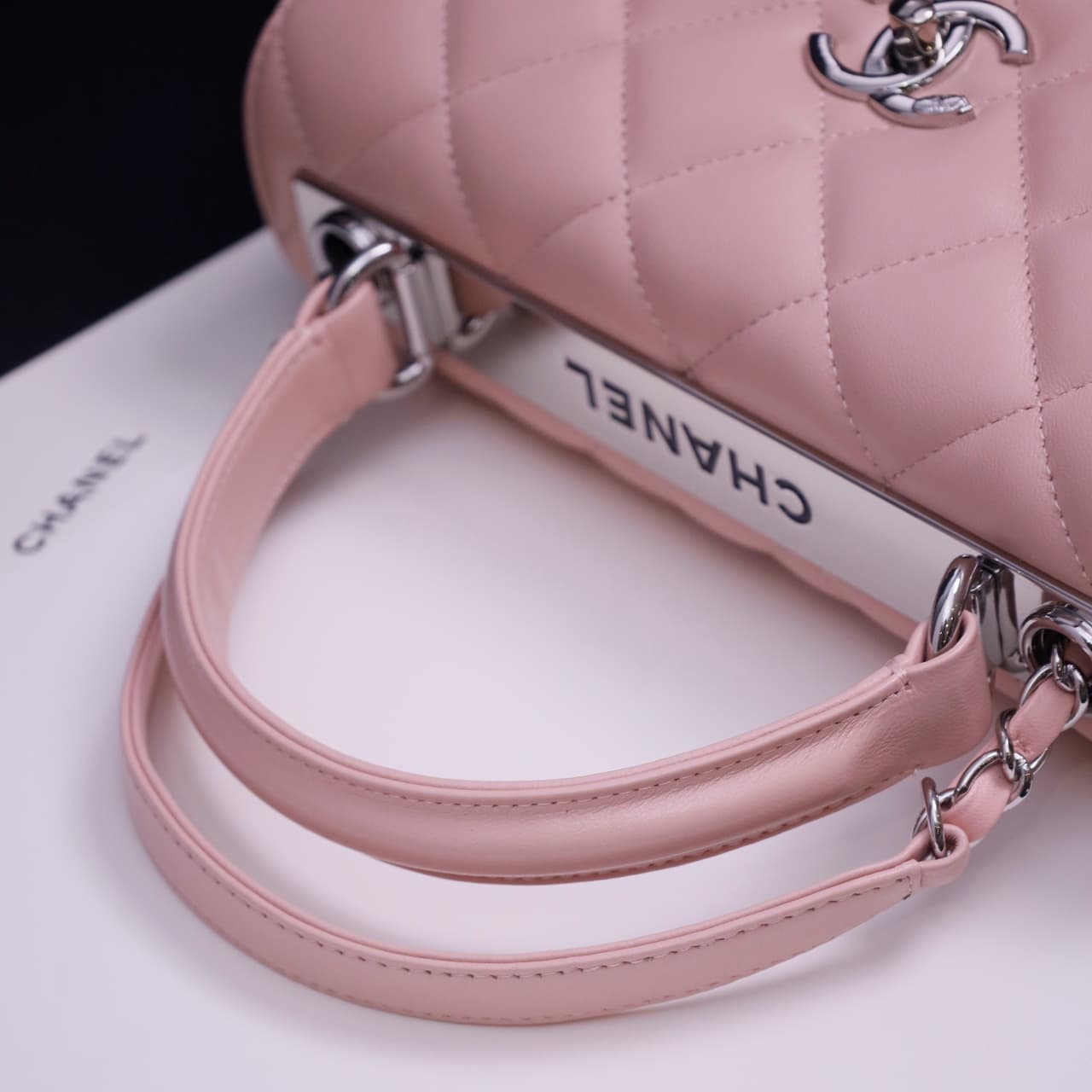SMALL FLAP BAG WITH TOP HANDLE Lambskin Silver Metal Pink A