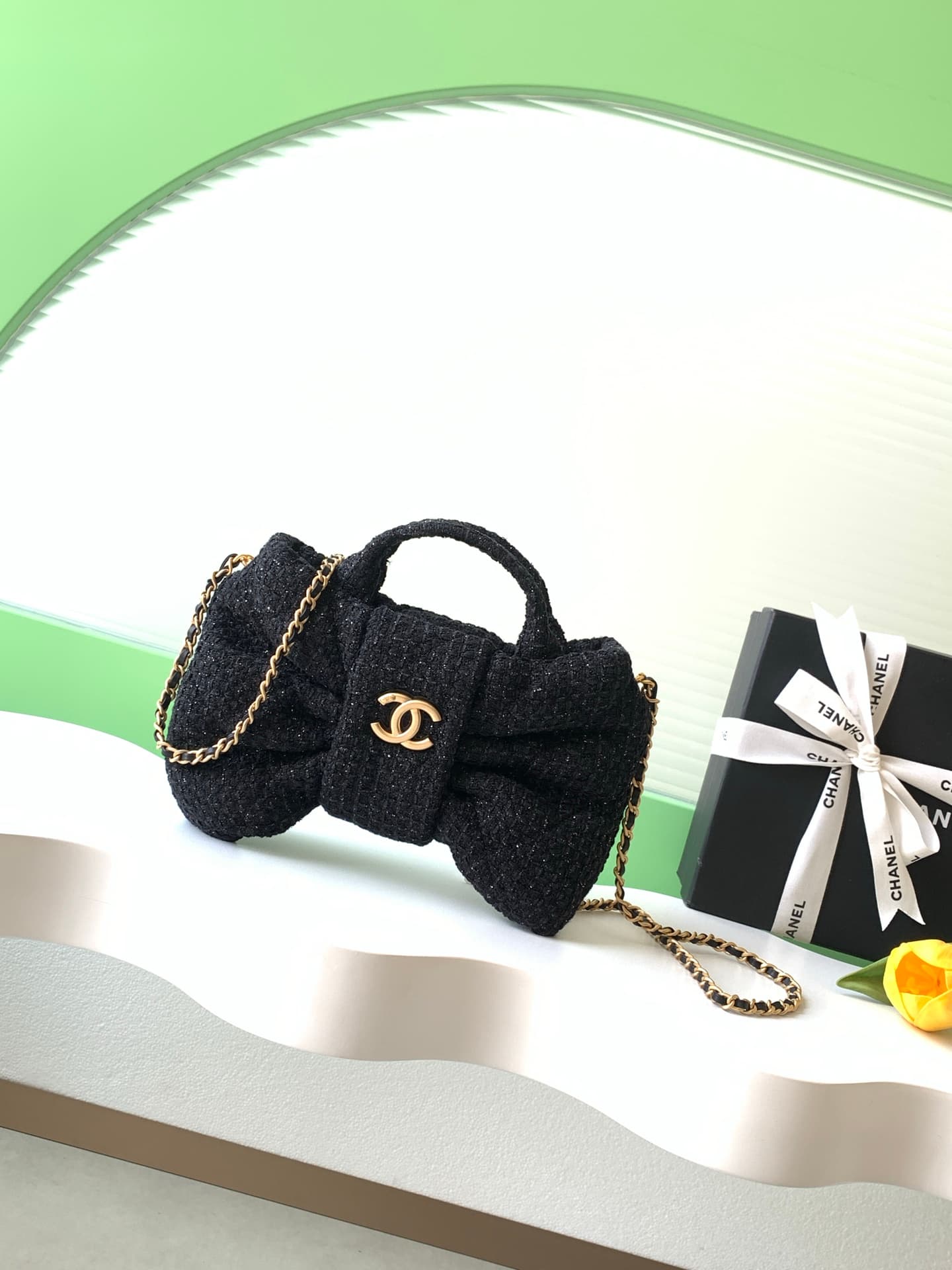 Chanel Mini Bow Bag Tweed & Gold-Tone Metal Black AS5849 A