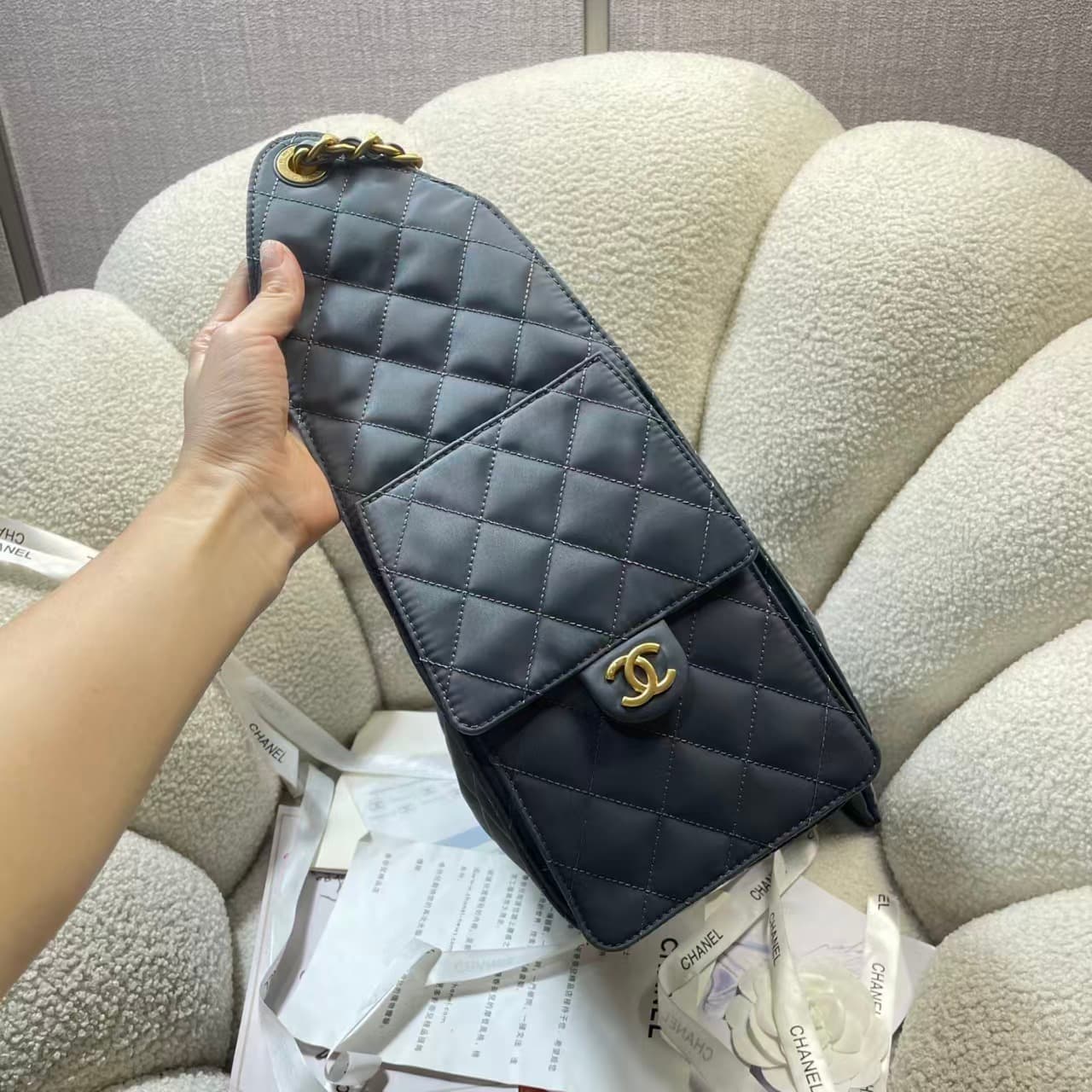 Chanel 25 Medium Hobo handbag AS5311 Canvas & Gold-Tone Metal Drak Blue  A