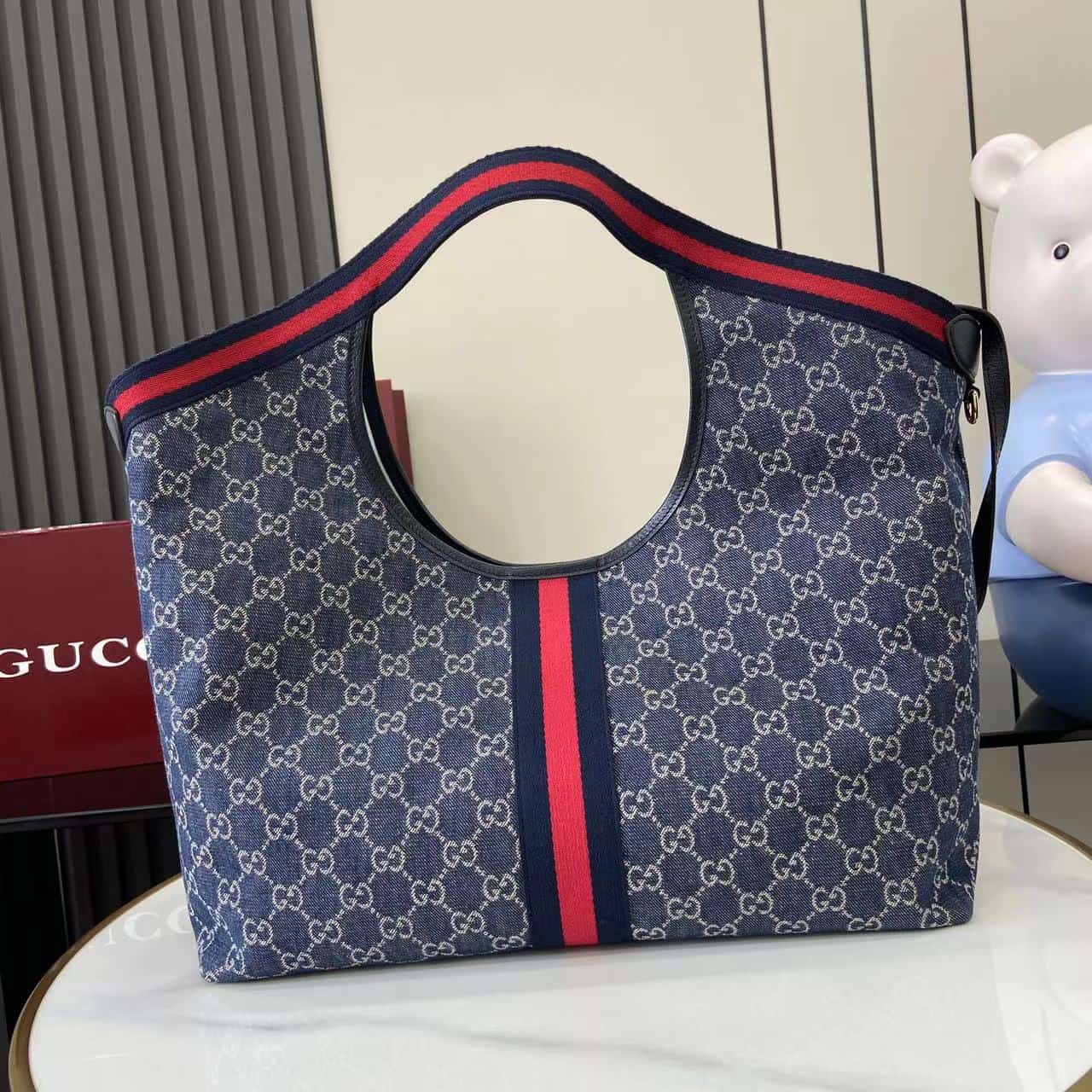 Gucci Giglio large tote bag blue and white GG denim 853971 High