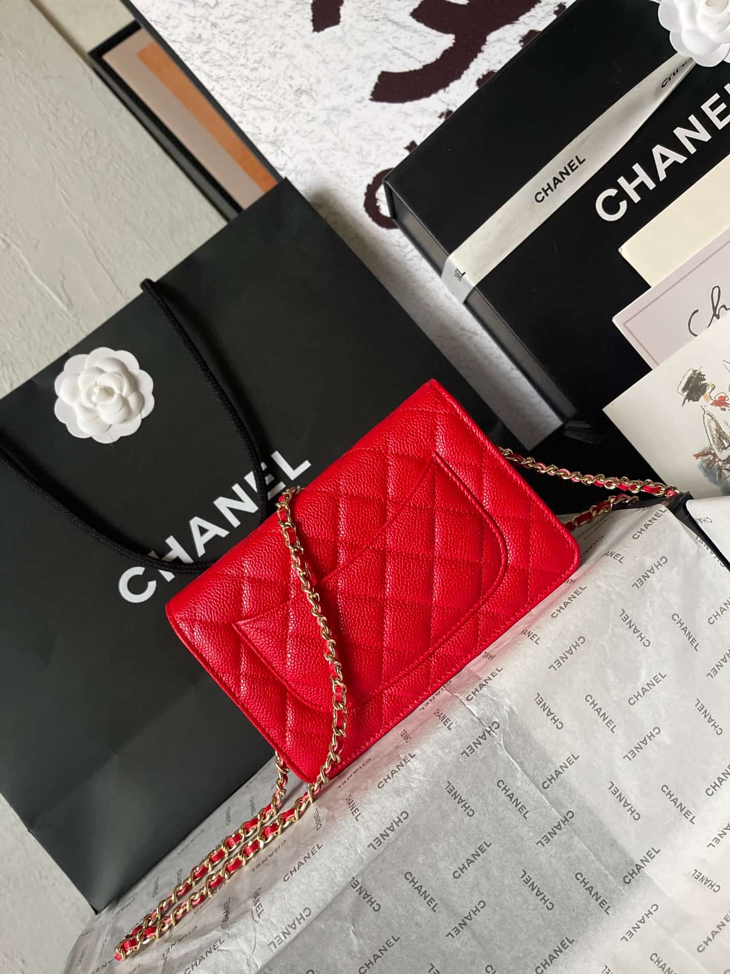 Chanel Classic Wallet on Chain Grained Shiny Calfskin & Gold-Tone Metal AP4241 Red A