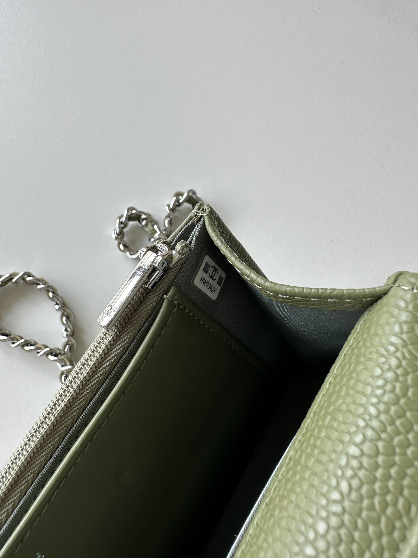 Chanel Classic Wallet on Chain Grained Shiny Calfskin & Silver-Tone Metal AP4241 Dark Green High