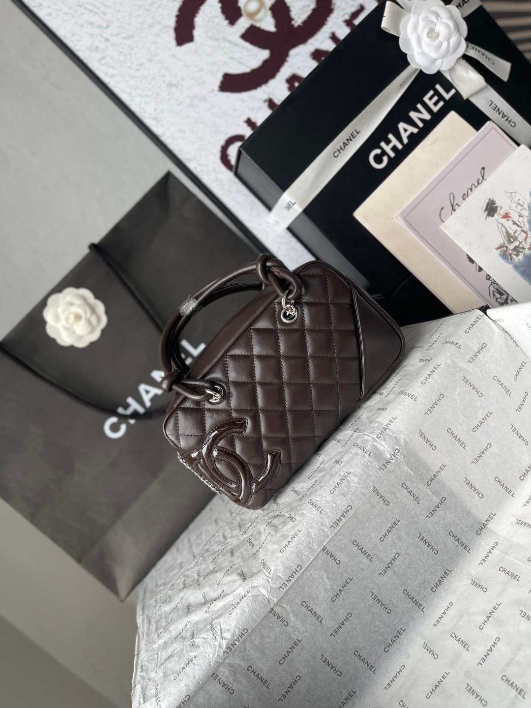 Chanel Cambon Ligne Bowler bag Calfskin & Silver-Tone Metal AS25172 Dark Brown High