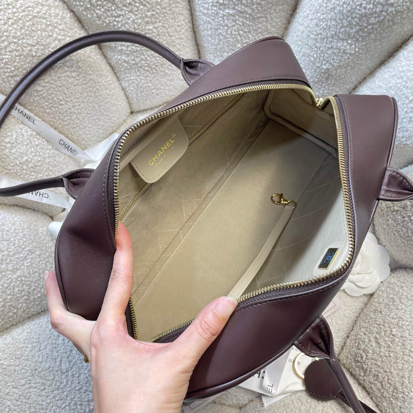 Chanel Maxi Bowling Bag Calfskin & Gold-Tone Metal Dark Brown AS6211 A