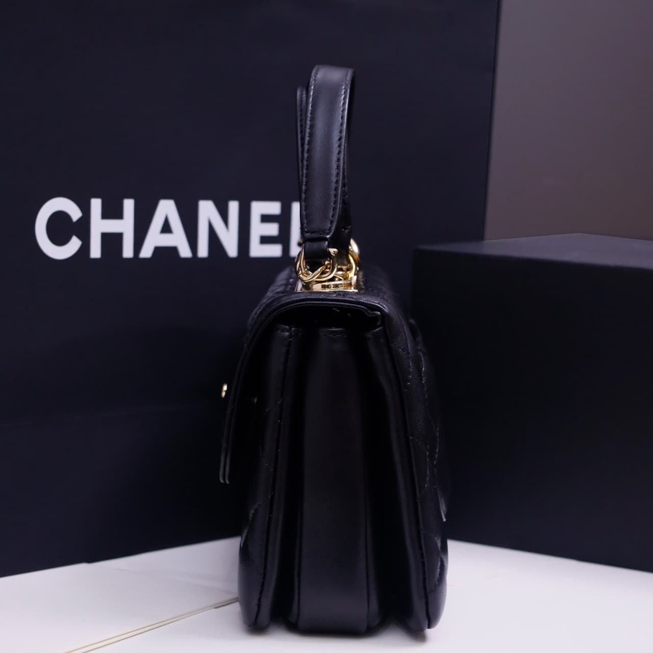 Chanel MINI FLAP BAG WITH TOP HANDLE AS4654 Lambskin &Gold-Tone Metal Black A
