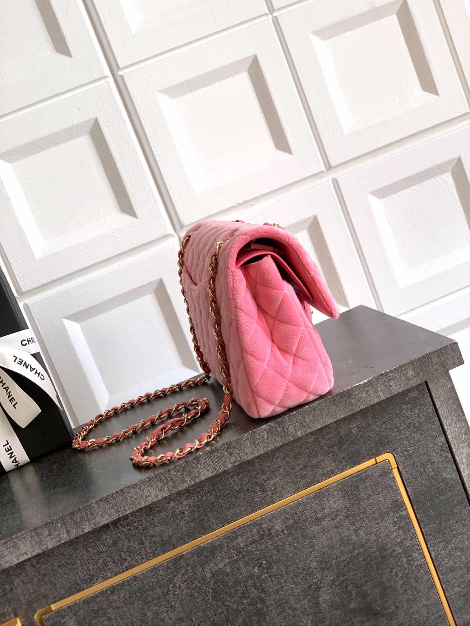 Chanel Medium CLASSIC HANDBAG Velvet  & Gold-Tone Metal Peach A