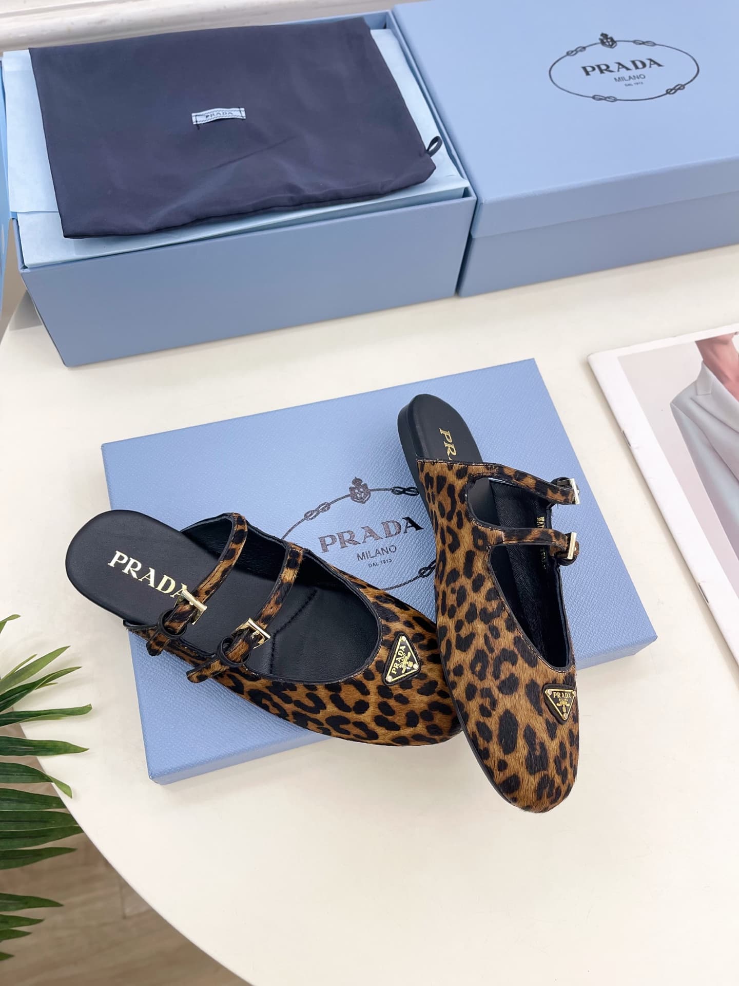 Prada Leopard-Print Pony Hair Dual Mary Jane Ballerina Mules Women