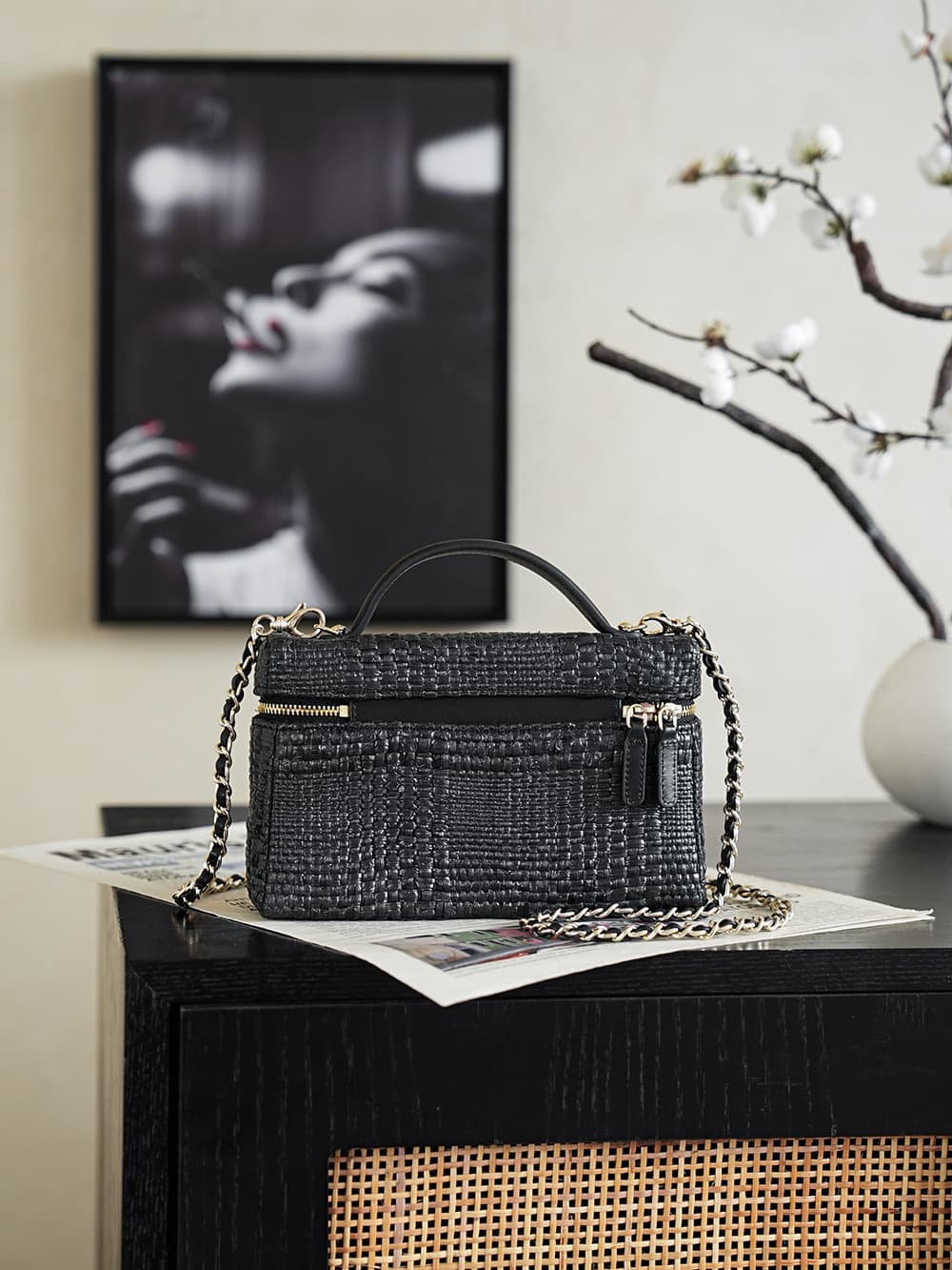 Chanel Classic Vanity with Chain Braided Raffia & Gold-Tone Metal Black AP4385 A