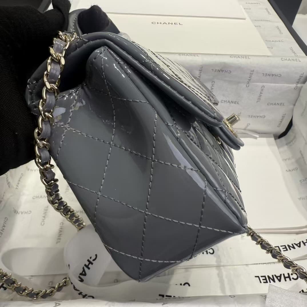 MINI FLAP BAG WITH TOP HANDLE AS2431 Patent Calfskin Gold-Tone Metal Grey A