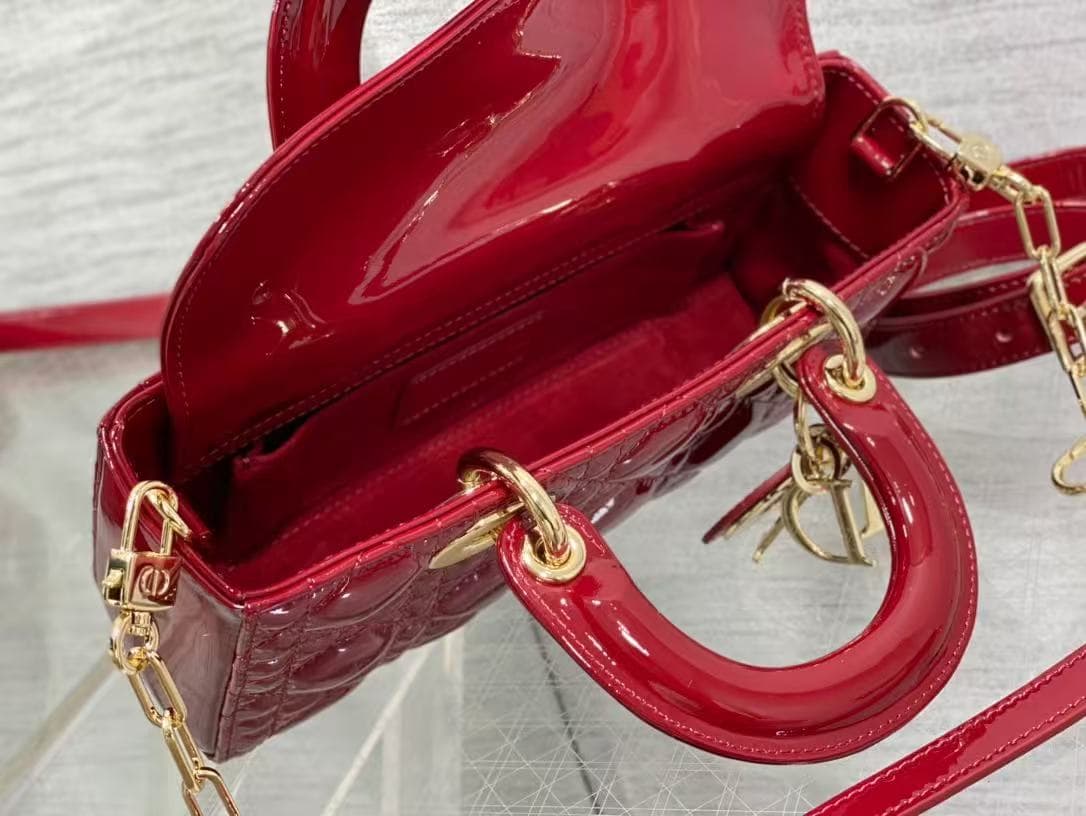 Small Lady D-Joy Bag Cherry Red Patent Cannage Calfskin High