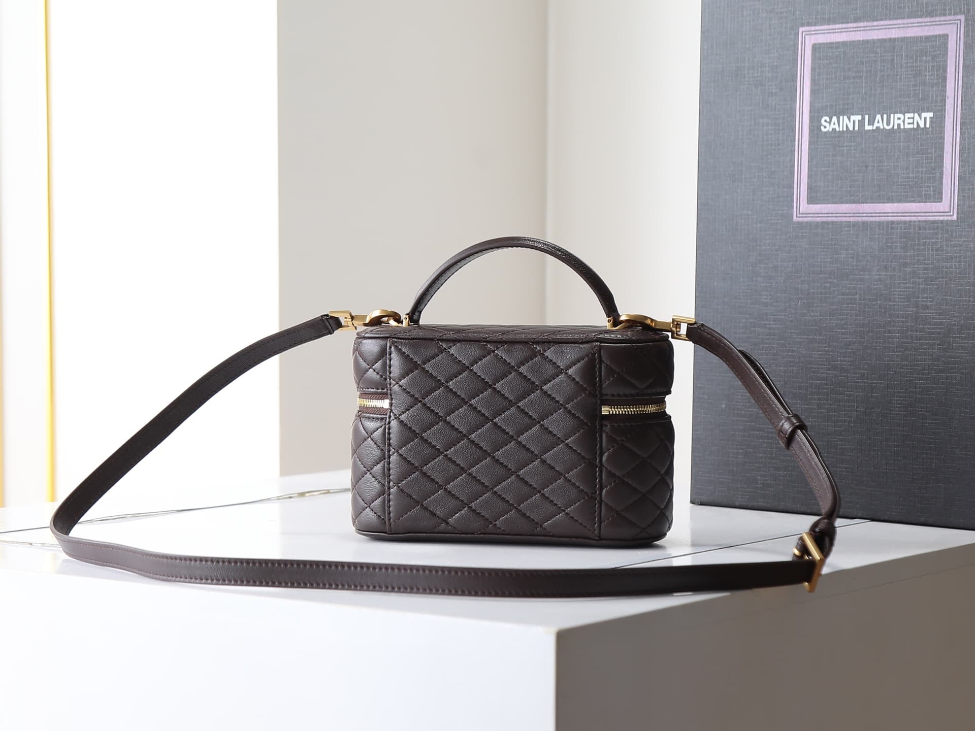 Saint Laurent Gaby Vanity Bag Lambskin Dark Brown 766731 High