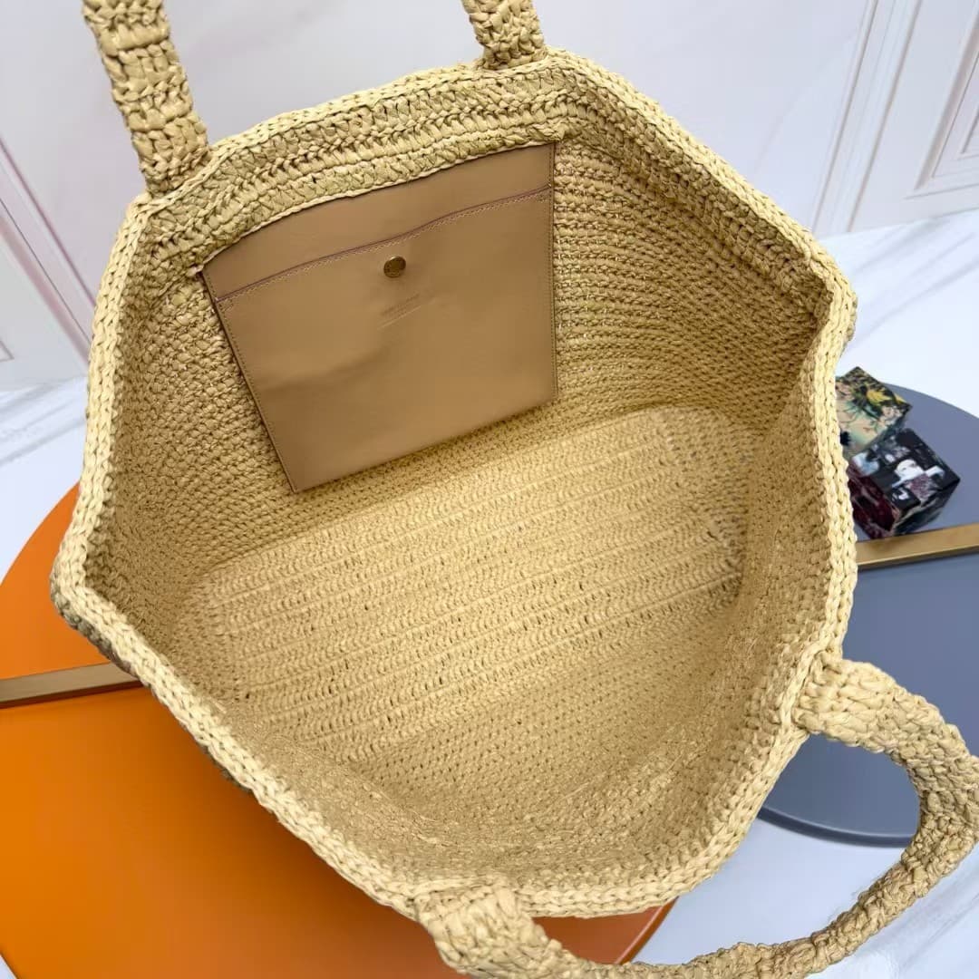 YSL Large Logo Embroidered Raffia Tote Bag High