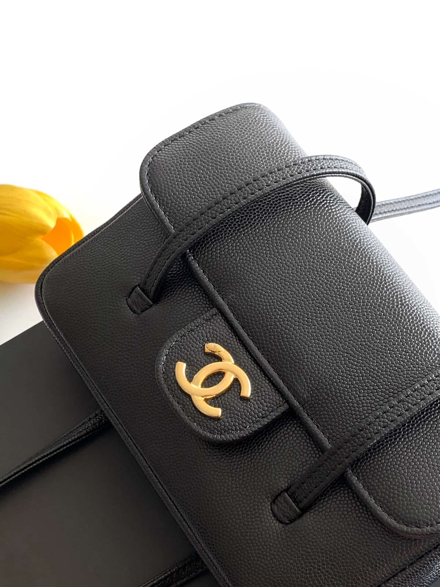Chanel Clutch with Leather Strap Grained Shiny Calfskin & Gold-Tone Metal Black AP5068 A