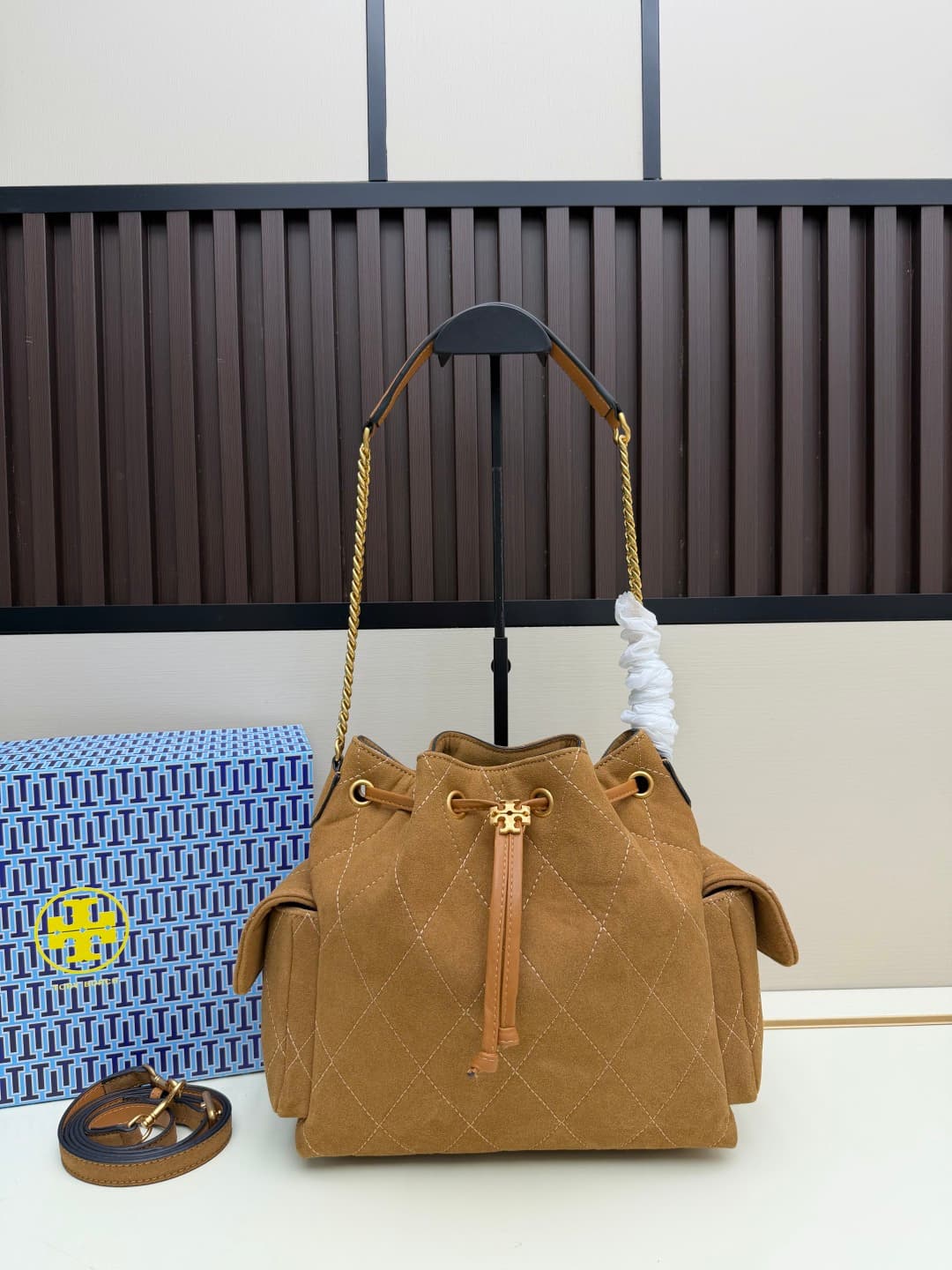 Tory Burch Charlie Quilted Suede Drawstring Shoulder Bag Caramel High