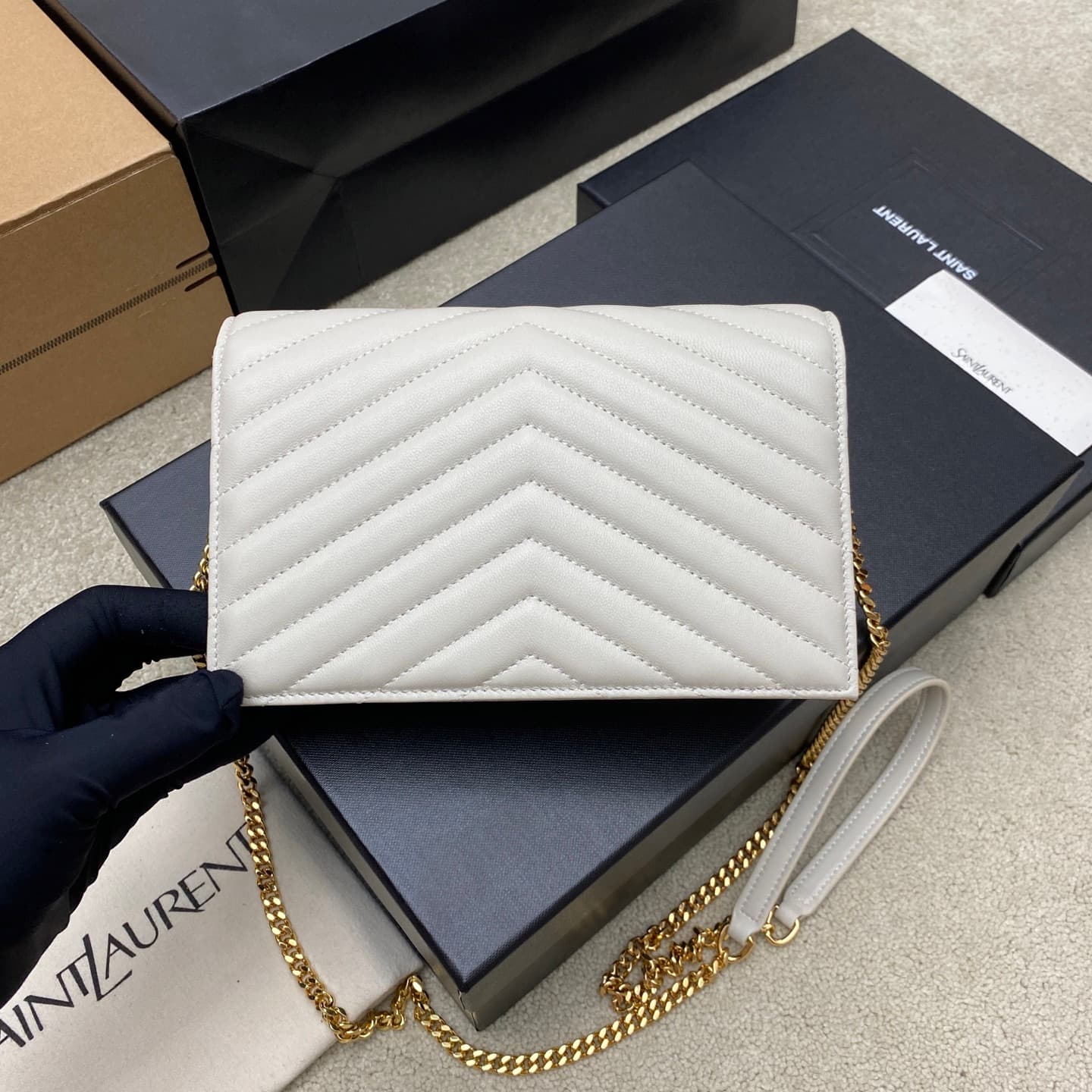Saint Laurent Monogram Matelassé Cassandre Wallet on Chain White Lambskin 393953 High