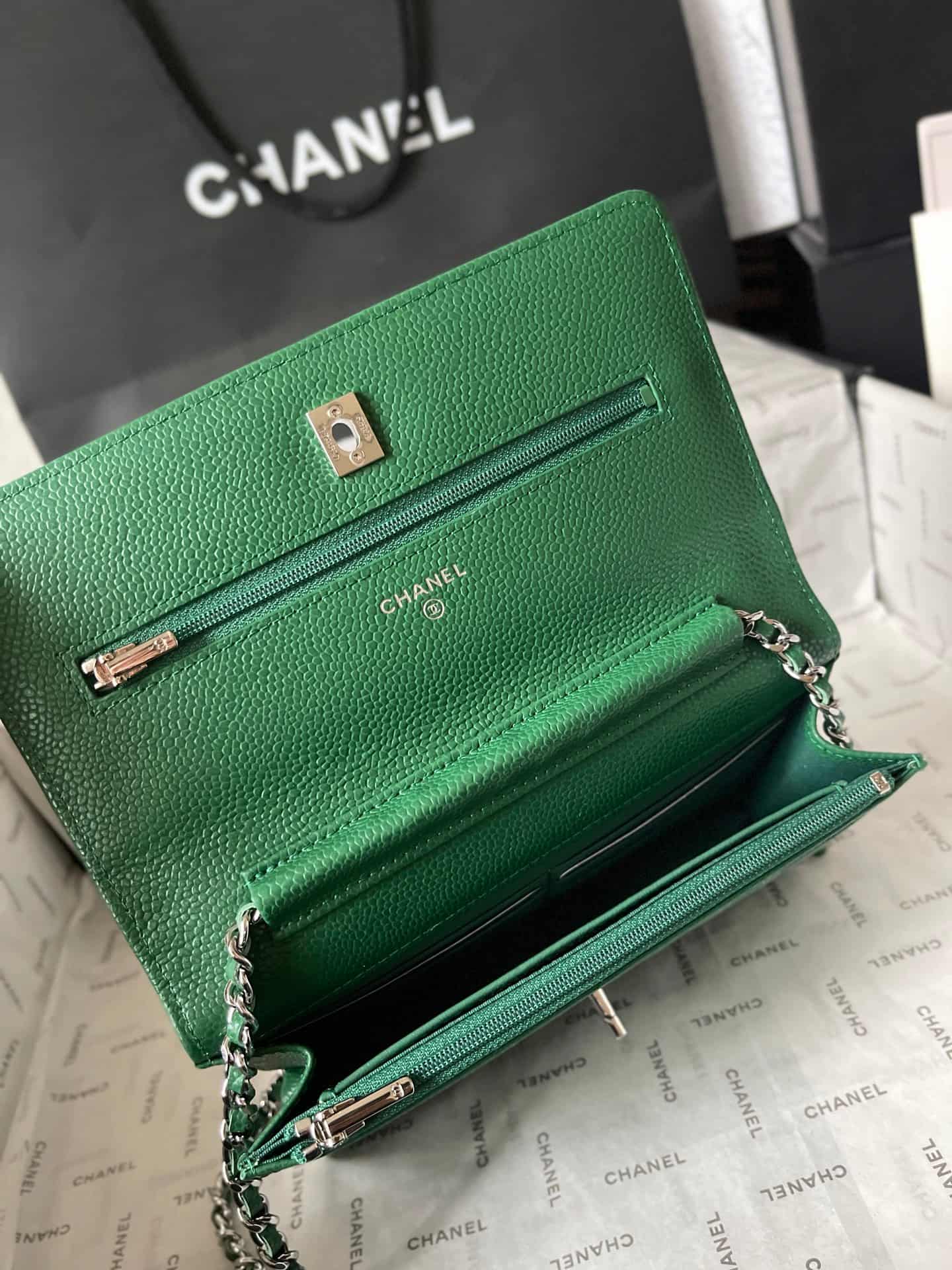 Chanel Classic Wallet on Chain Grained Shiny Calfskin & Silver-Tone Metal AP4241 Green A