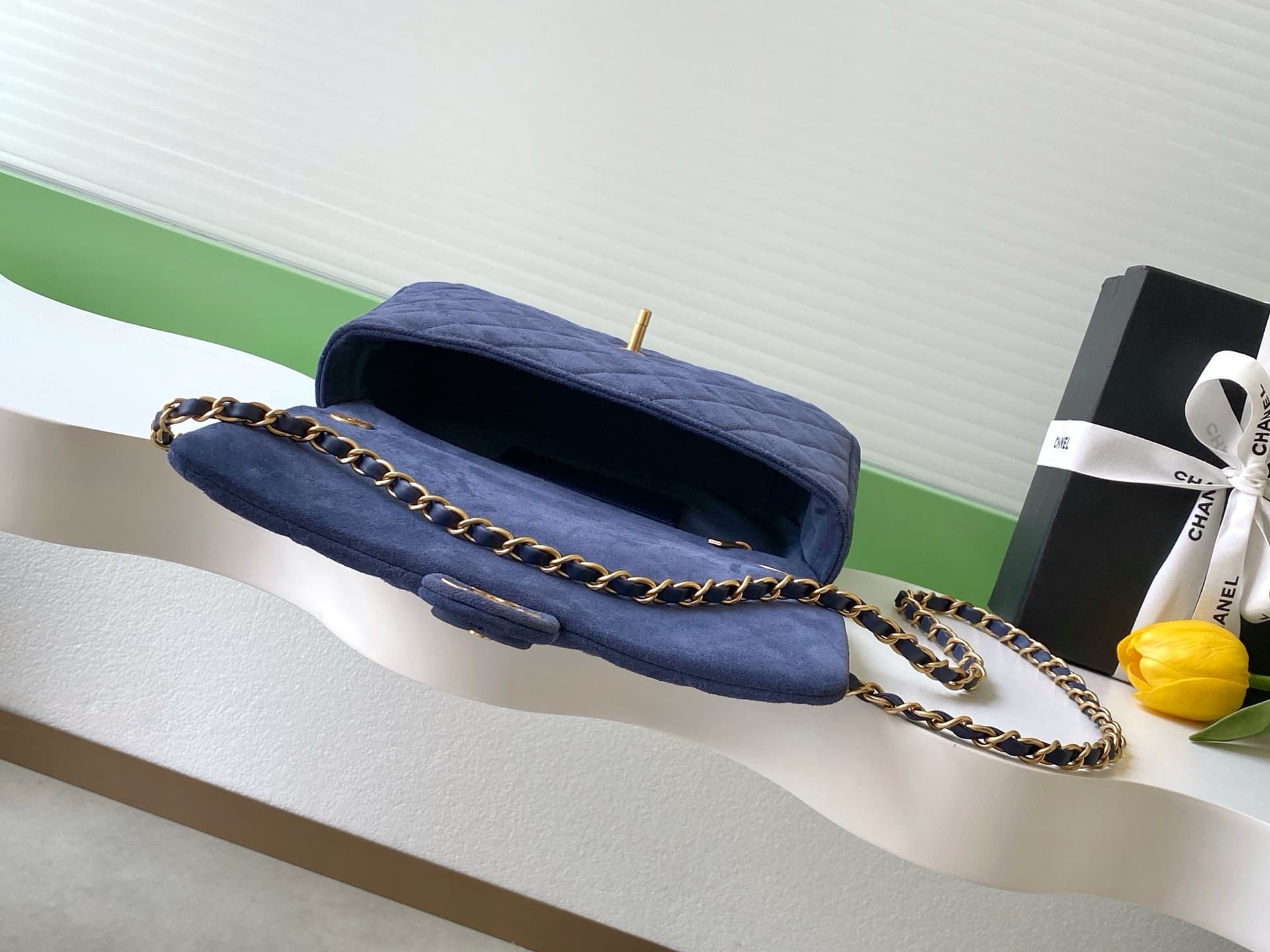 Chanel Classic Flap bag in Navy Blue Suede & Gold-Tone Metal AS5987 A