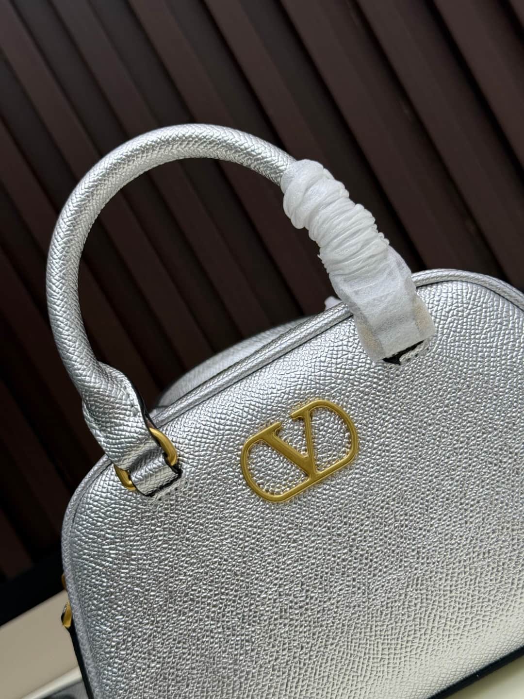 Valentino VLogo Signature Mini Bowling Bag in Grainy Calfskin Silver High