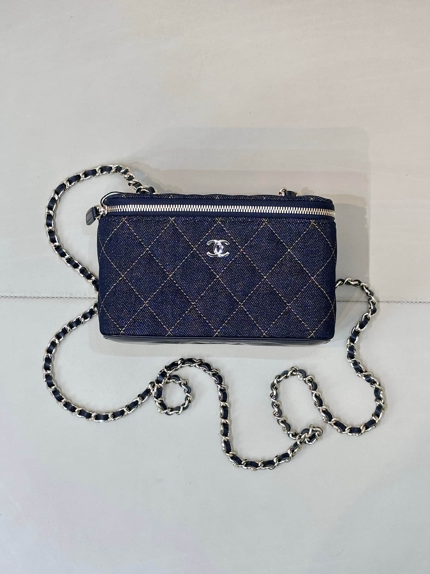 Chanel Classic Long Vanity with Chain  Denim & Gold-Tone Metal Dark Blue AP1341 TOP