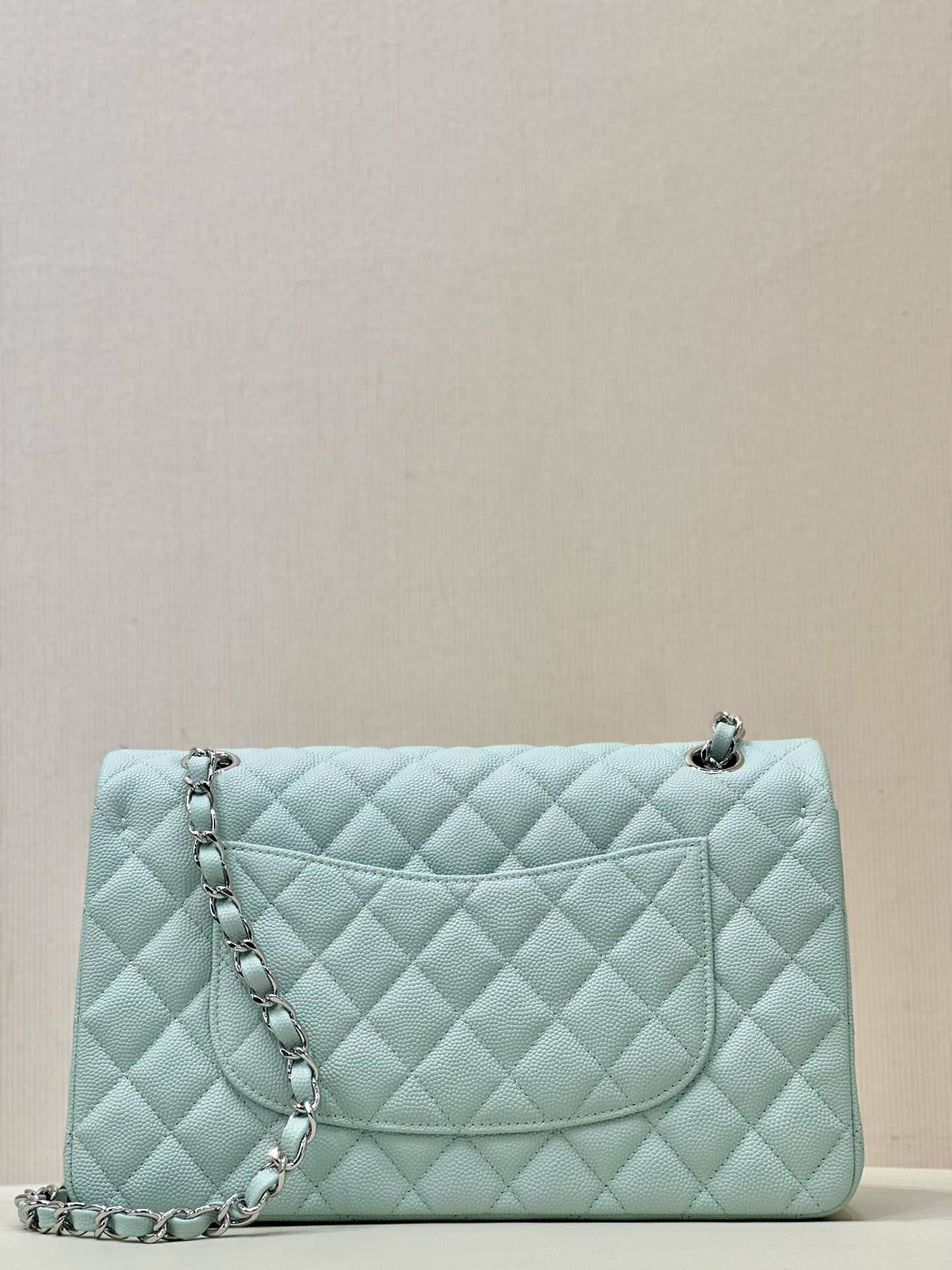 Chanel Medium CLASSIC HANDBAG Grained  Calfskin & Silver-Tone Metal Light Blue TOP