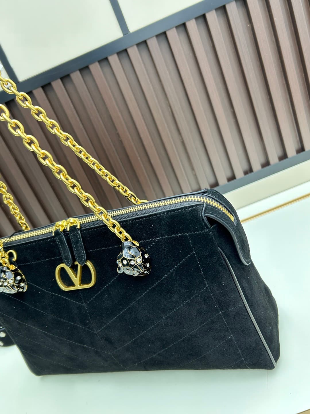 Valentino VLogo Garavani Panthea Shoulder Bag Black Suede Mid