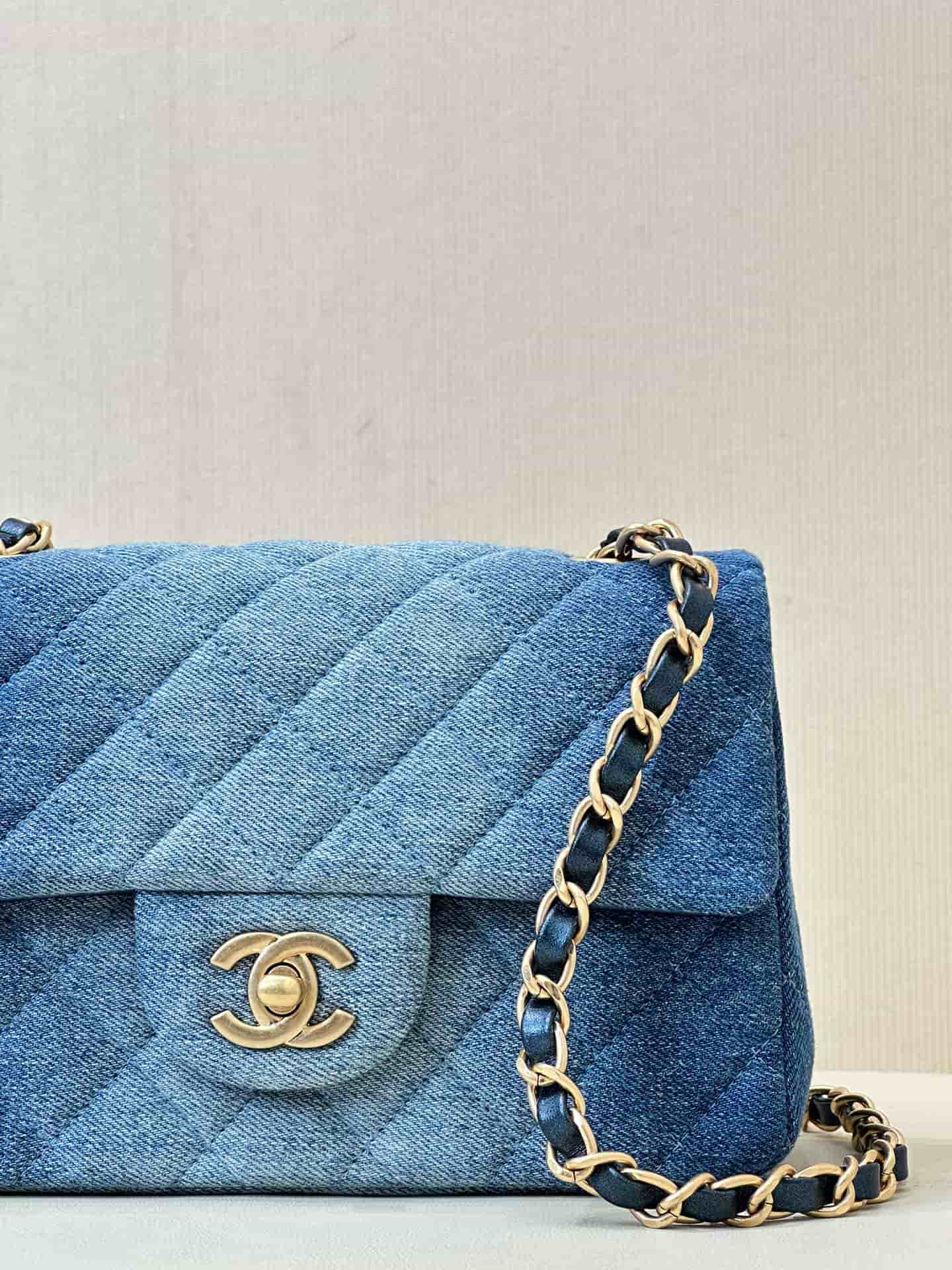 CHANEL Mini Classic Handbag Denim &Gold-tone Metal AS1116 Blue TOP