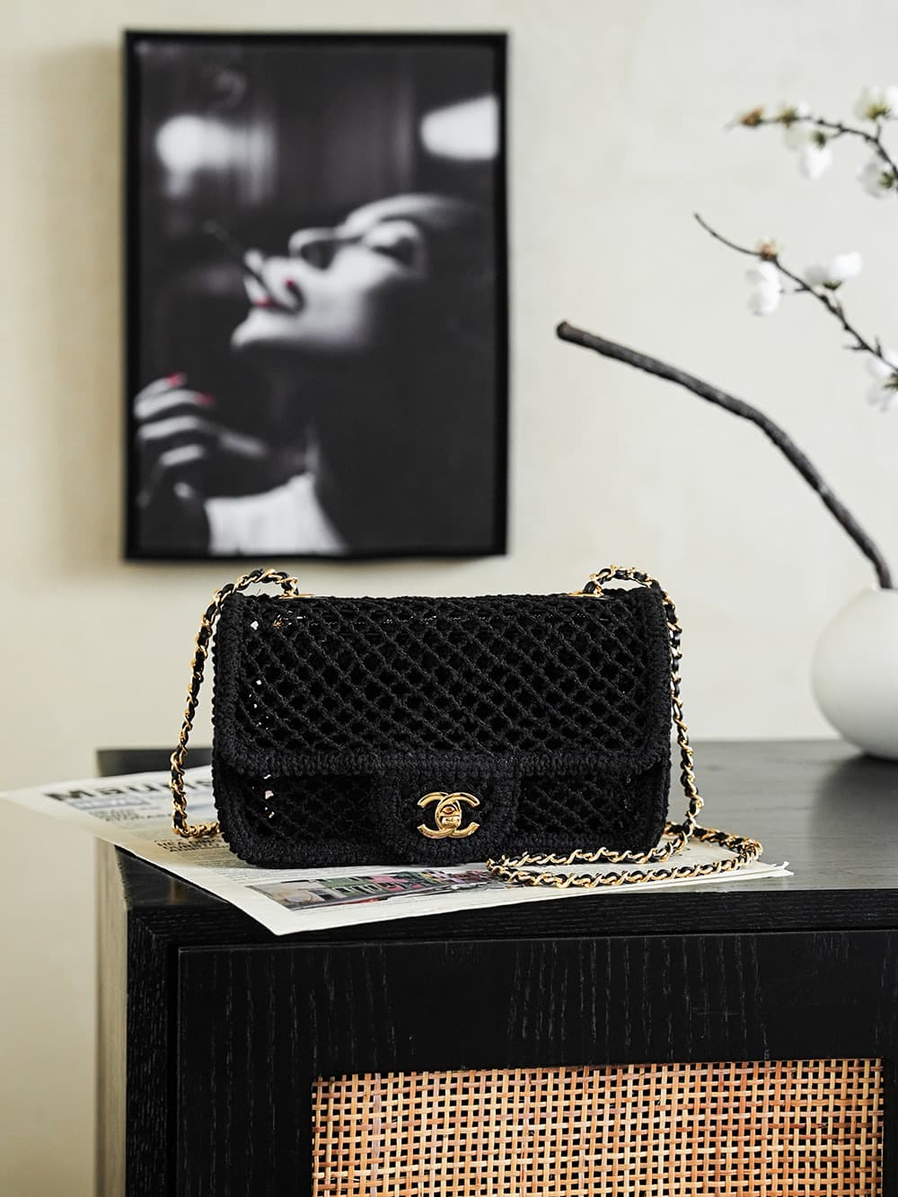 CHANEL Coco Beach Flap Bag Mesh, Strass & Gold-Tone Metal AS6156 Black A