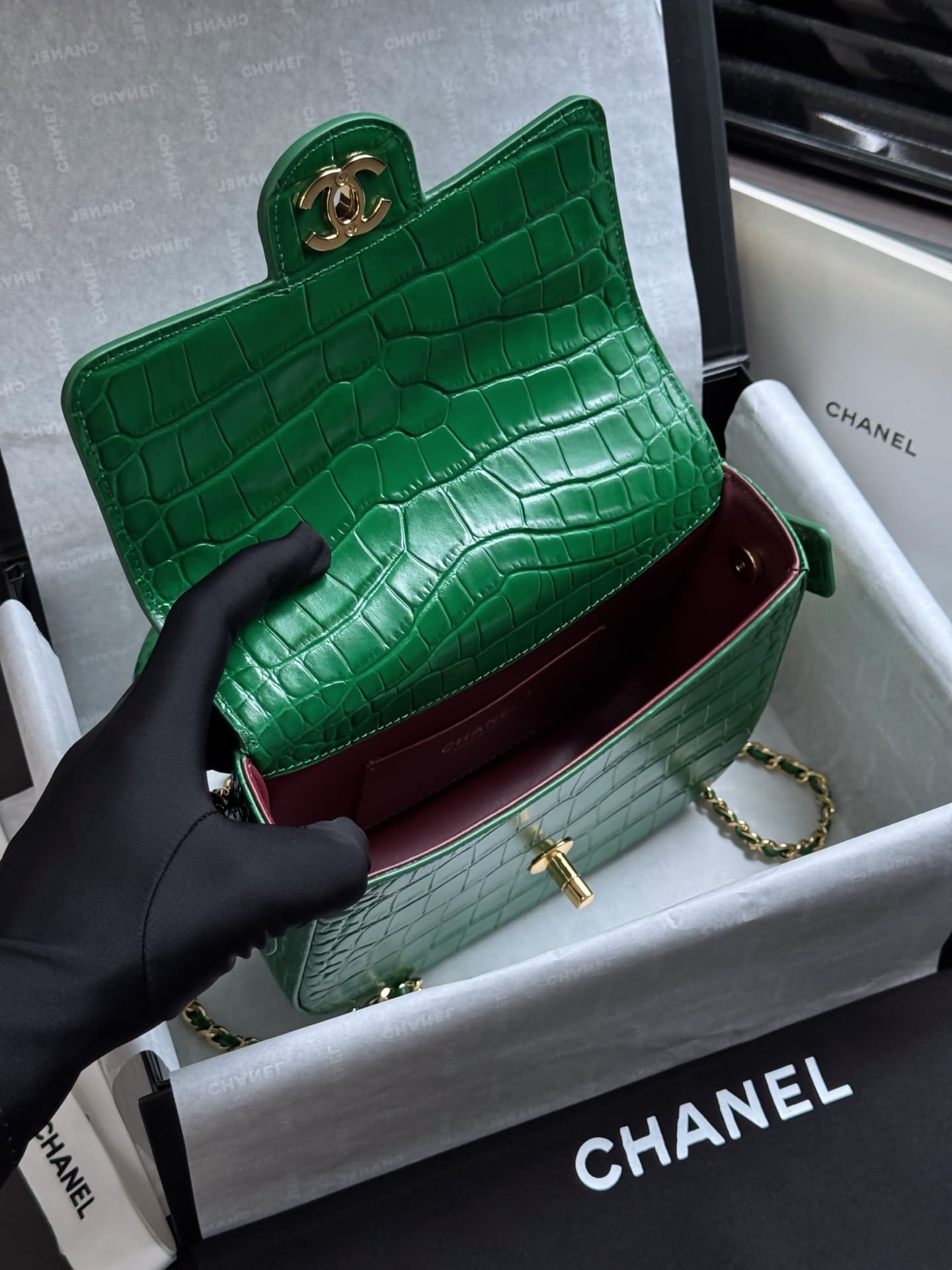 Chanel Mini Flap Bag with Top Handle Crocodile Embossed Calfskin & Gold-Tone Metal Green AS6424 A