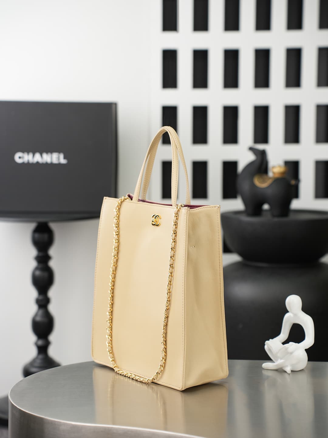 Chanel Small Shopping Bag Calfskin & Gold-Tone Metal Beige AS6452 A
