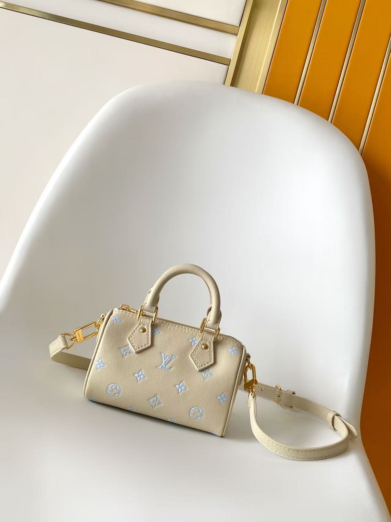 Louis Vuitton Nano Speedy Milky White/Blue Embossed grained cowhide leather M27702 High
