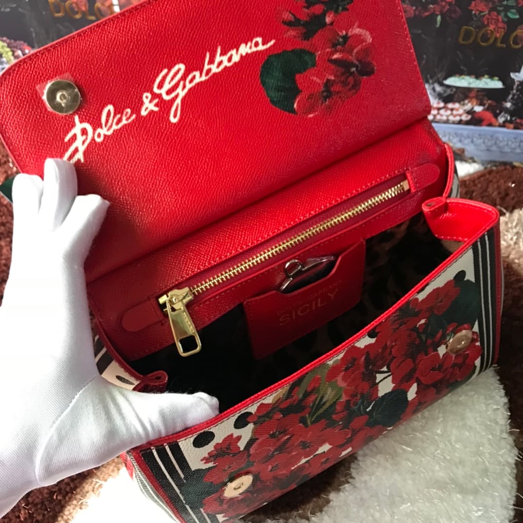 Dolce & Gabbana Miss Sicily top handle bag with embroidered geranium flowers print leather High
