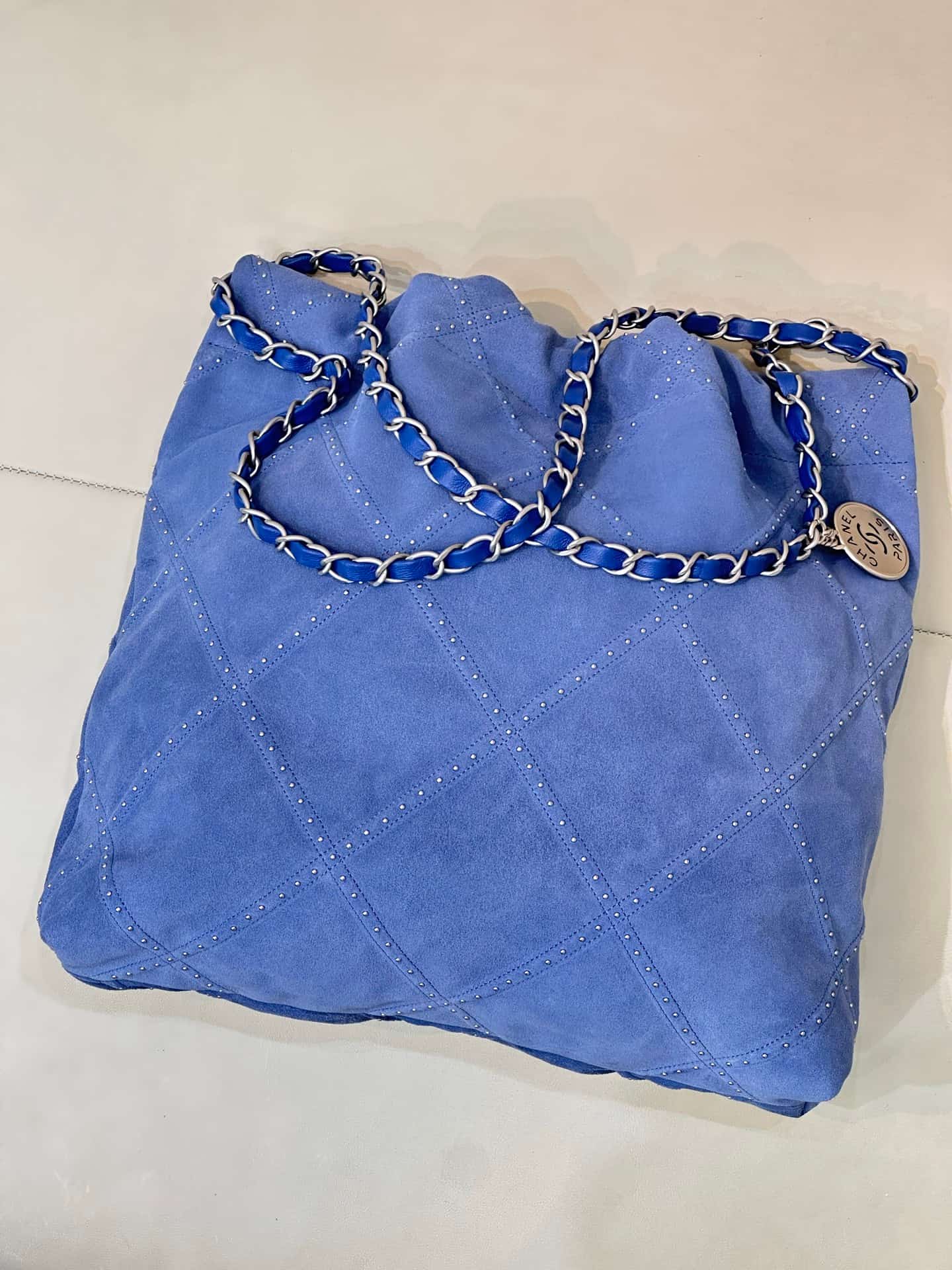 Chanel 22 Small handbag Suede calfskin studs & silver-tone metal AS3260 Blue TOP