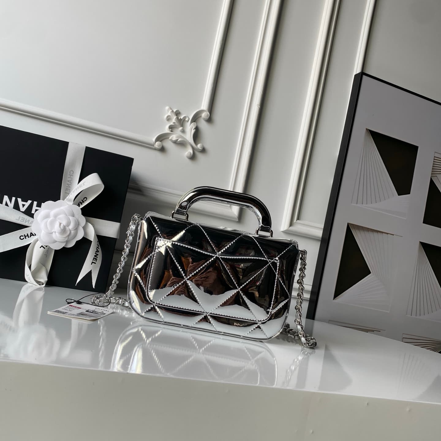 Chanel Mini Flap Bag with Top Handle Metallic Mirror Calfskin& Silver-tone Metal Silver AS5805 A