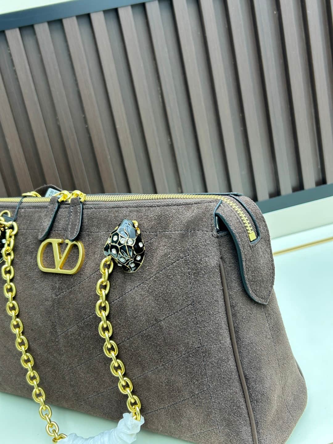 Valentino VLogo Garavani Panthea Shoulder Bag Dark Coffee Suede Mid