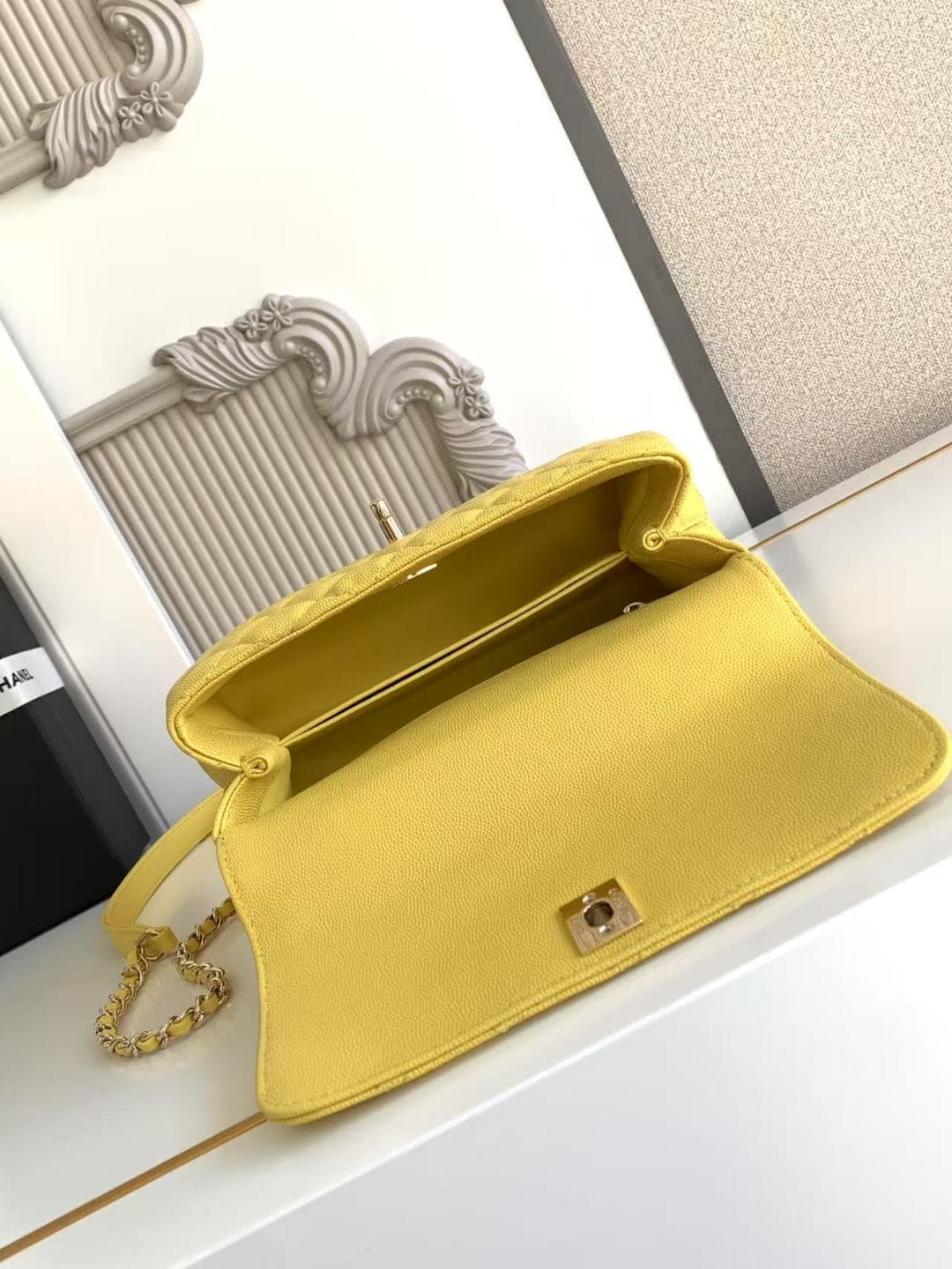 FLAP BAG WITH TOP HANDLE Grained Calfskin & Gold-Tone Metal A92990 Yellow Binding A