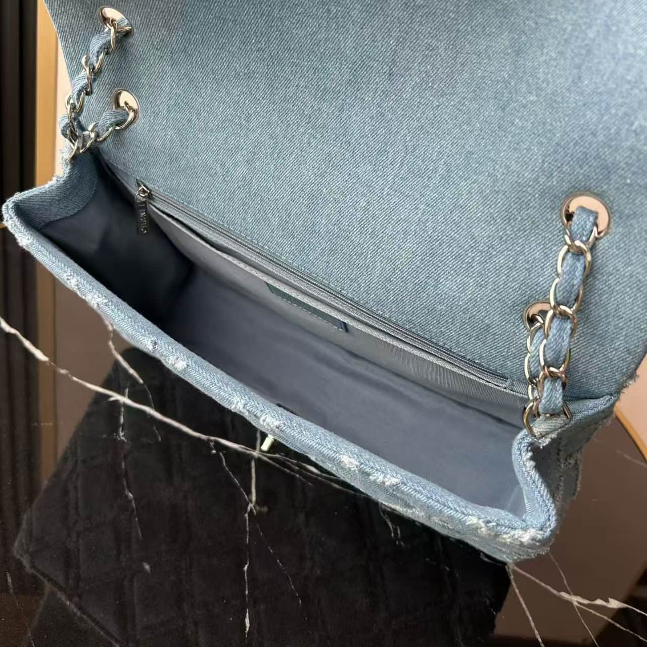 Chanel Medium Flap Bag Distressed Quilted Denim & Silver-Tone Metal Blue A